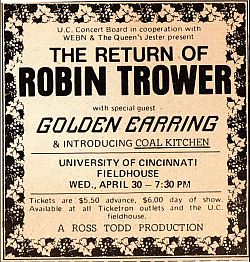 Robin Trower with Golden Earring show ad April 30, 1975 Cincinnati - University Fieldhouse